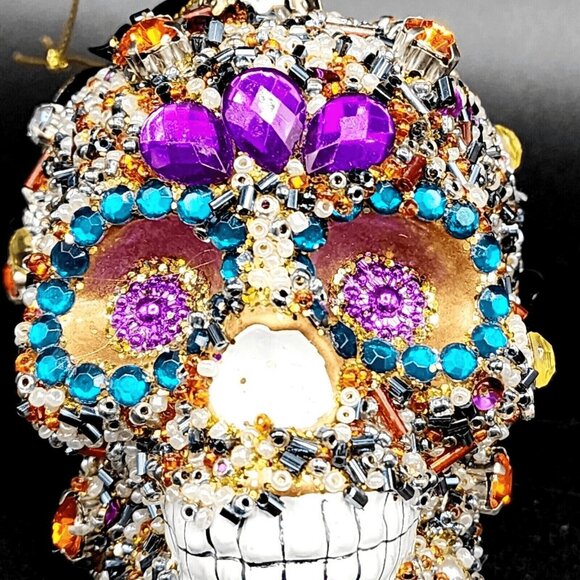 Sugar Skull Ornament Pier 1 Rhinestone Beaded Sequins Retired Halloween Gold v1 - Picture 4 of 10